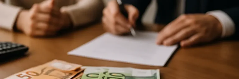 Euro banknotes and documents during a legal consultation on spousal and child support with a lawyer