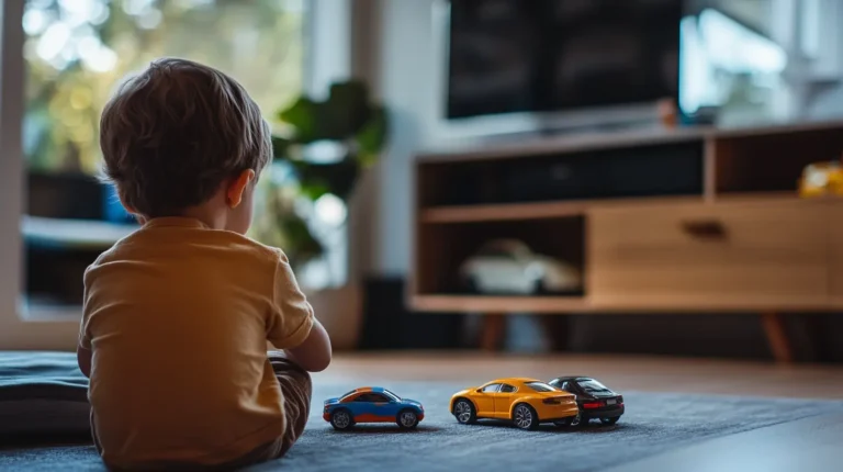 Kleiner Junge spielt ruhig mit Spielzeugautos im Wohnzimmer – ein Moment, der für die Bedeutung von Kindesunterhalt im familiären Umfeld steht
