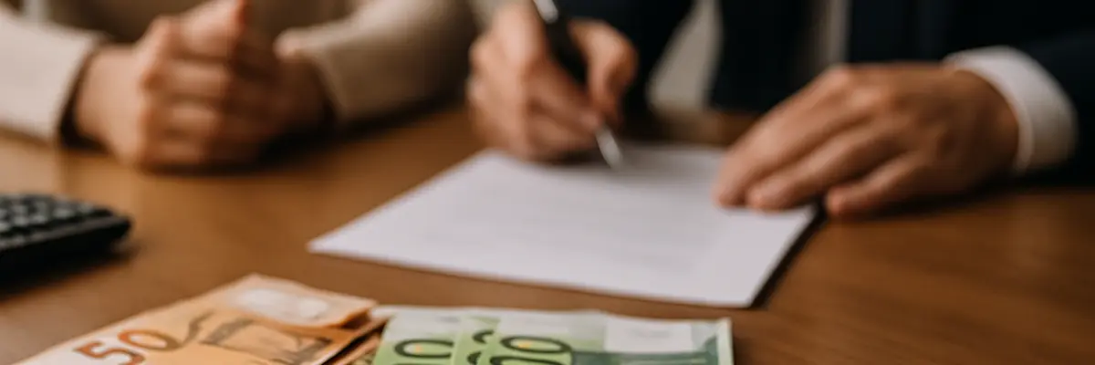 Euro-Banknoten und Unterlagen bei einer Beratung zu Unterhalt und Alimente durch einen Rechtsanwalt