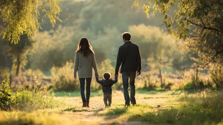 Parents walk hand in hand with their child, showing how an uncontested divorce can also work with kids