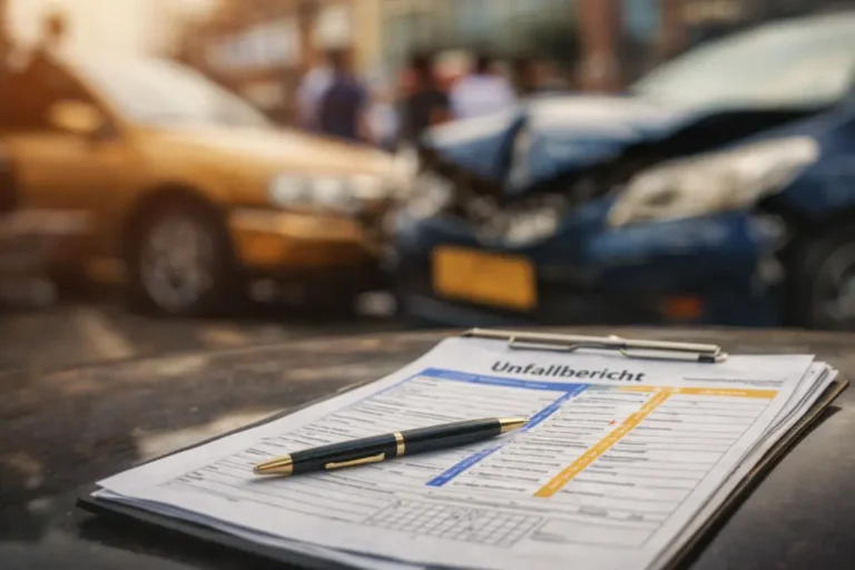 Unfallbereicht mit Kugelschreiber bei einem Verkehrsunfall mit Vermögenschaden