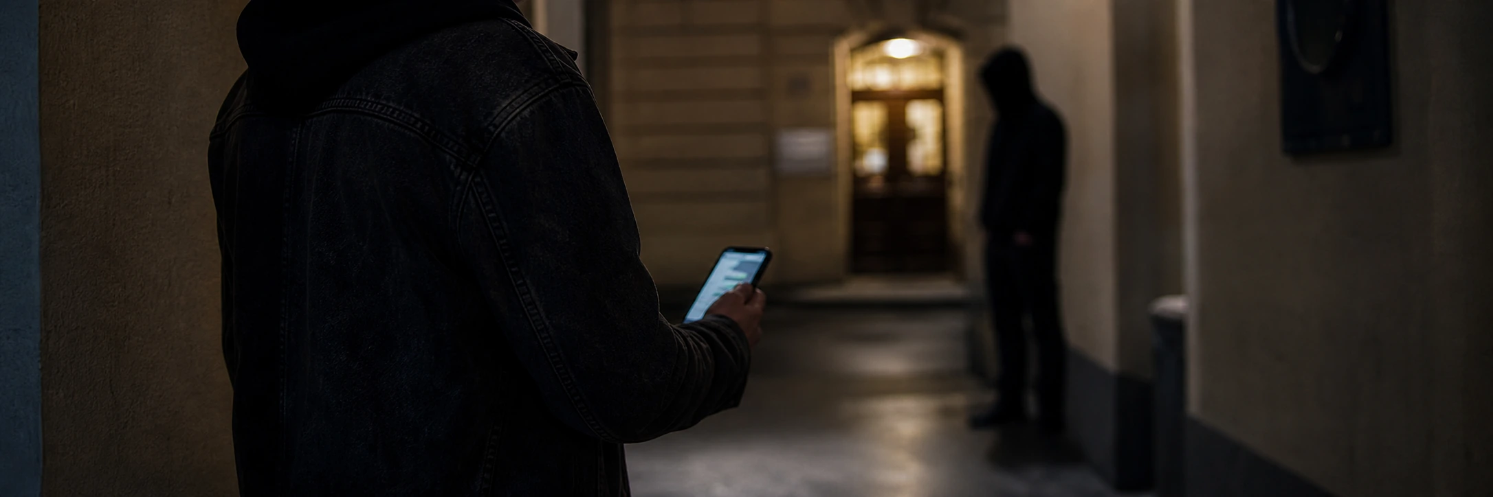 Threatening scene in a building entrance: one person is holding a smartphone while a blurred second figure waits in the background.