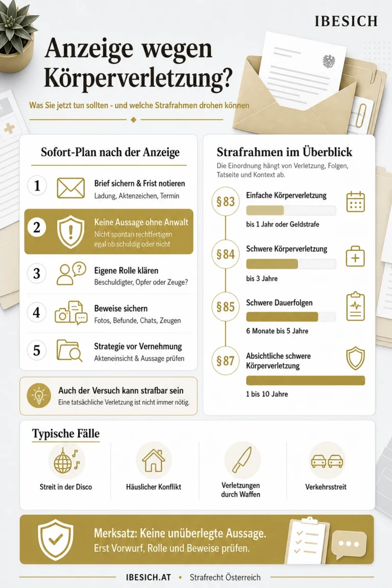 Infografik zu Anzeige wegen Körperverletzung in Österreich mit Sofortmaßnahmen nach der Anzeige, Hinweis keine Aussage ohne Anwalt, Strafrahmen von einfacher bis absichtlicher schwerer Körperverletzung und typischen Fallbeispielen.