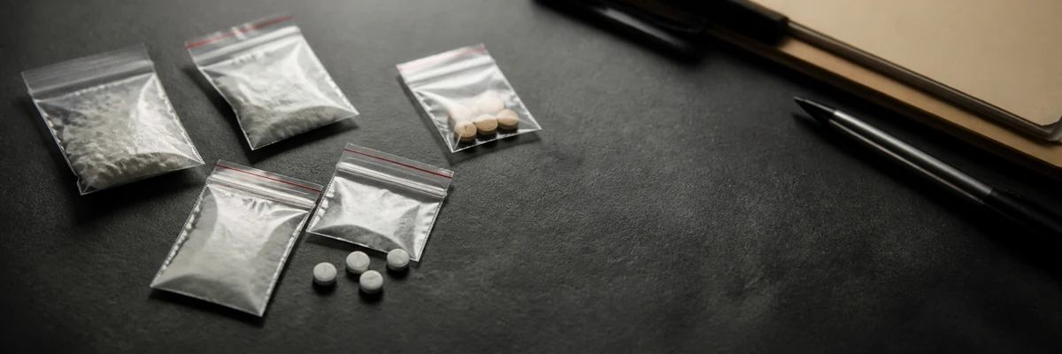 Several bags of drug powder and tablets on a dark table
