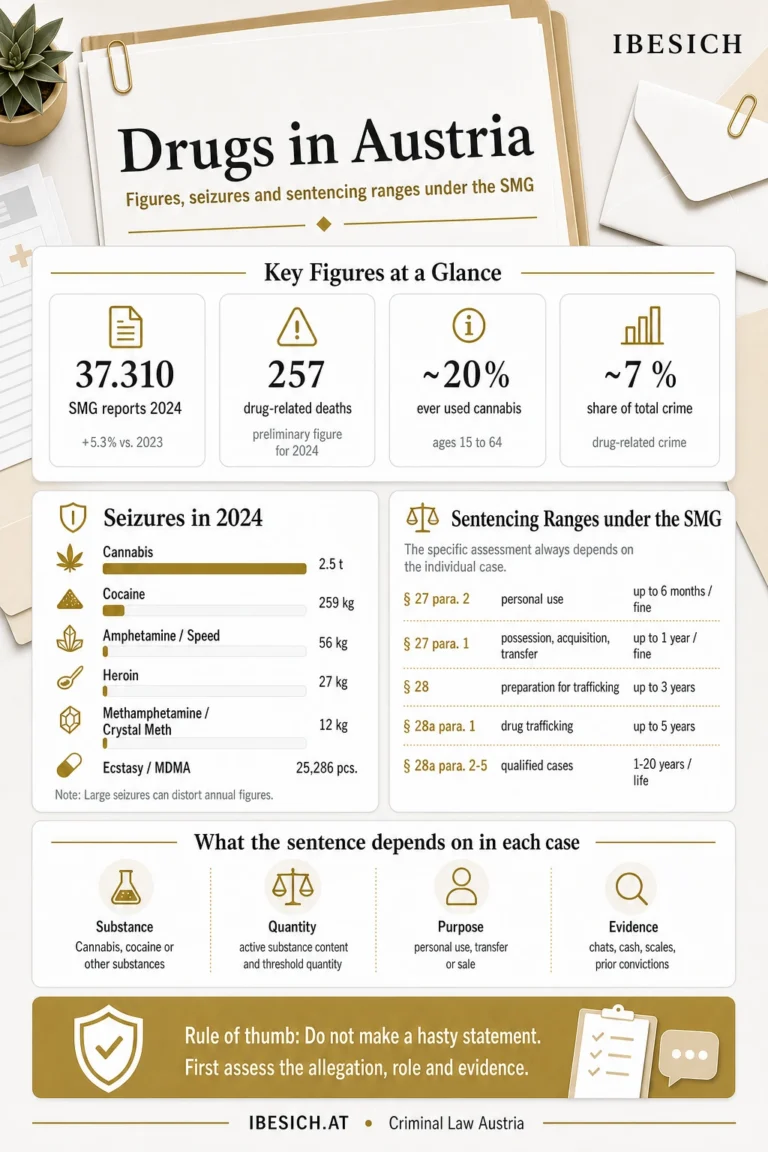 Infographic about drugs in Austria showing reports under the Austrian Narcotic Substances Act, seizures, sentencing ranges and key sentencing factors