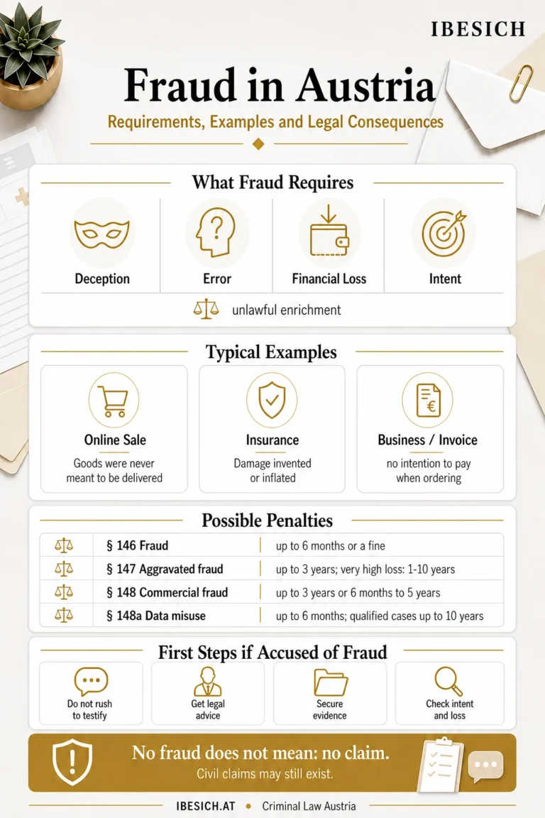 Infographic on fraud in Austria showing legal requirements, typical examples, possible penalties and first steps after a fraud allegation.