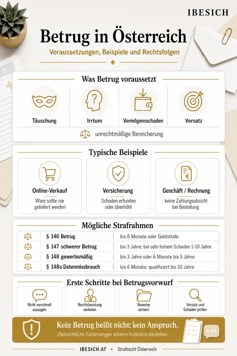 Infografik zu Betrug in Österreich mit Voraussetzungen, Beispielen, möglichen Strafrahmen und ersten Schritten bei einem Betrugsvorwurf.