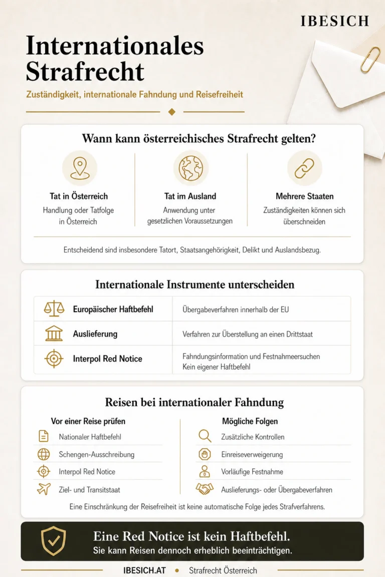 Infografik zu internationalem Strafrecht, Europäischem Haftbefehl, Auslieferung, Interpol Red Notice und Auswirkungen auf die Reisefreiheit