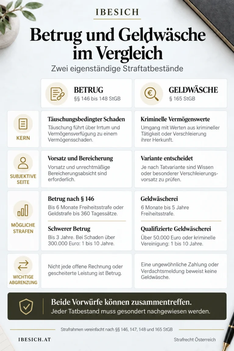 Infografik zum Vergleich von Betrug und Geldwäsche sowie möglichen Strafen in Österreich