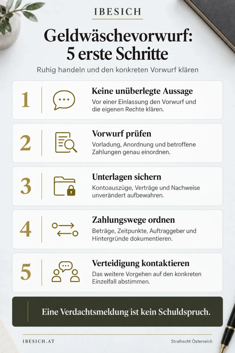 Infografik mit fünf ersten Schritten bei einem Geldwäschevorwurf in Österreich