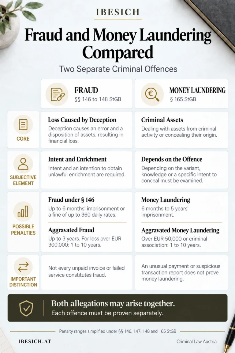 Infographic comparing fraud and money laundering offences and possible penalties in Austria