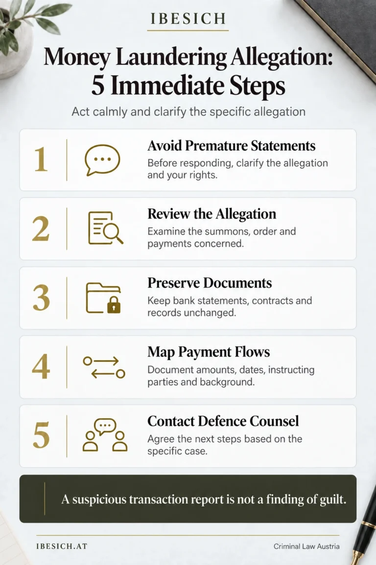 Infographic outlining five immediate steps after a money laundering allegation in Austria