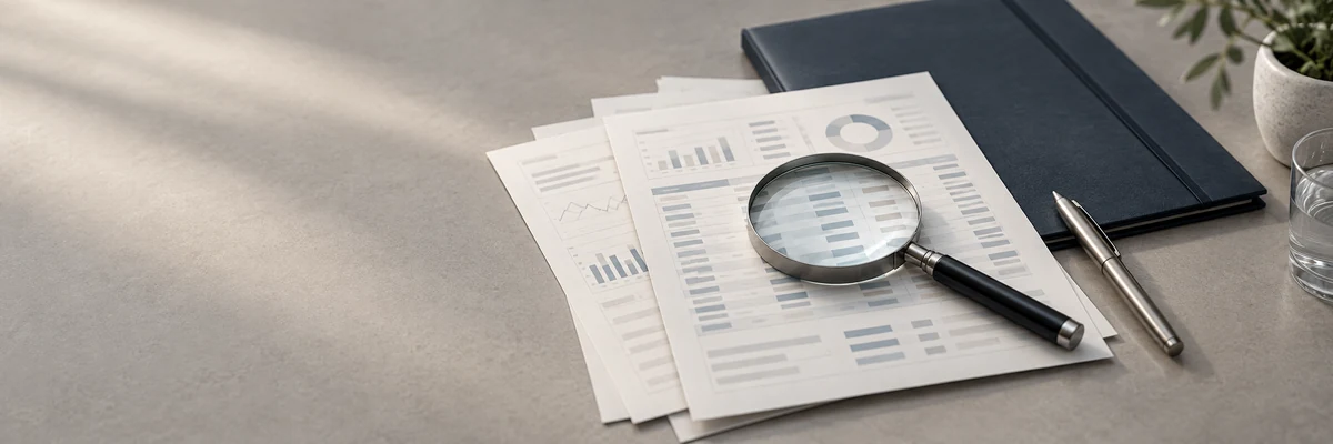 Magnifying glass and financial records on a grey tabletop